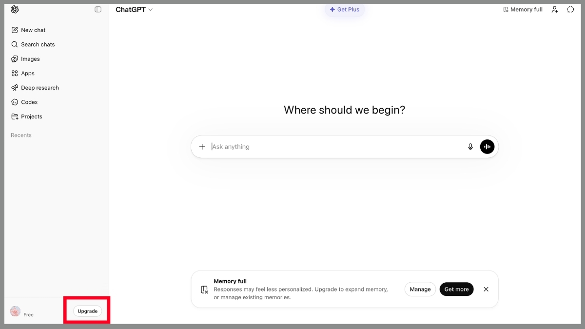Khắc phục ChatGPT bị lag bằng cách nâng cấp tài khoản