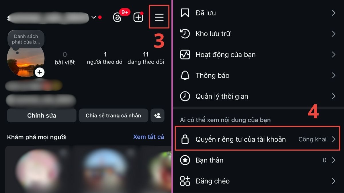 Hướng dẫn bật chế độ riêng tư trên Instagram bước 3, 4