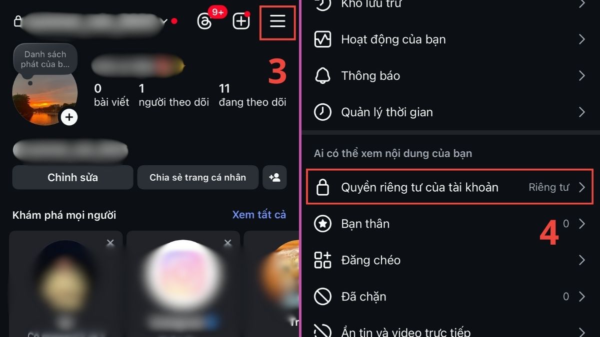 Hướng dẫn tắt chế độ riêng tư trên Instagram bước 3, 4