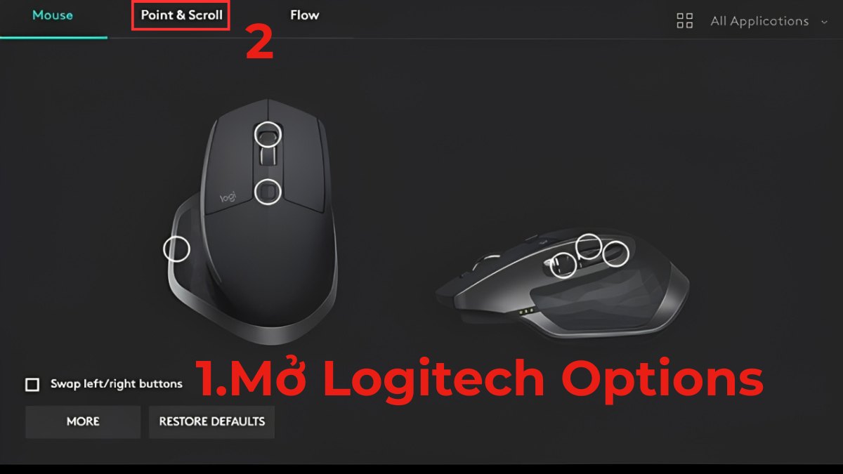 Cách chỉnh DPI chuột Logitech bằng phần mềm Logitech Options bước 1, 2