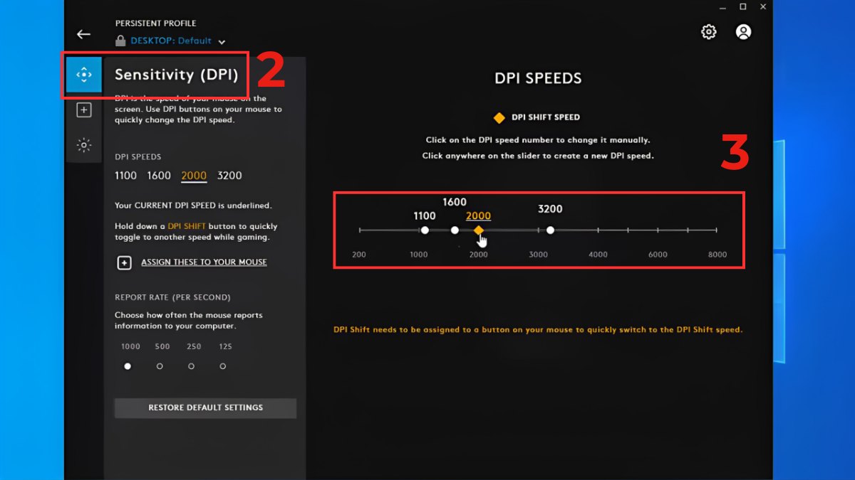 Cách chỉnh DPI chuột Logitech bằng phần mềm Logitech G HUB bước 2, 3