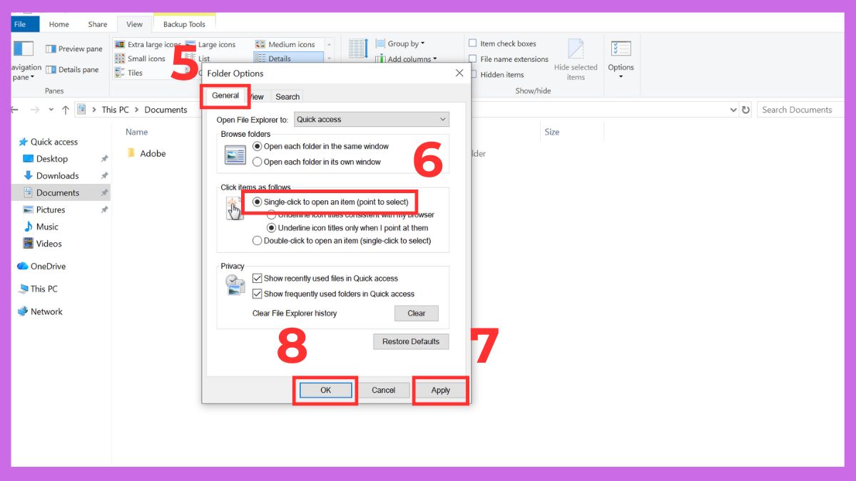 Cách sửa chuột bị double click - Cài đặt mở thư mục bằng 1 click bước 3