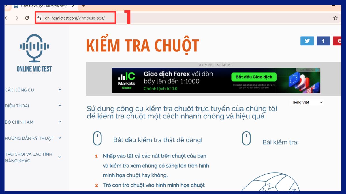 Cách kiểm tra chuột bị Double Click bằng Mouse Test bước 1
