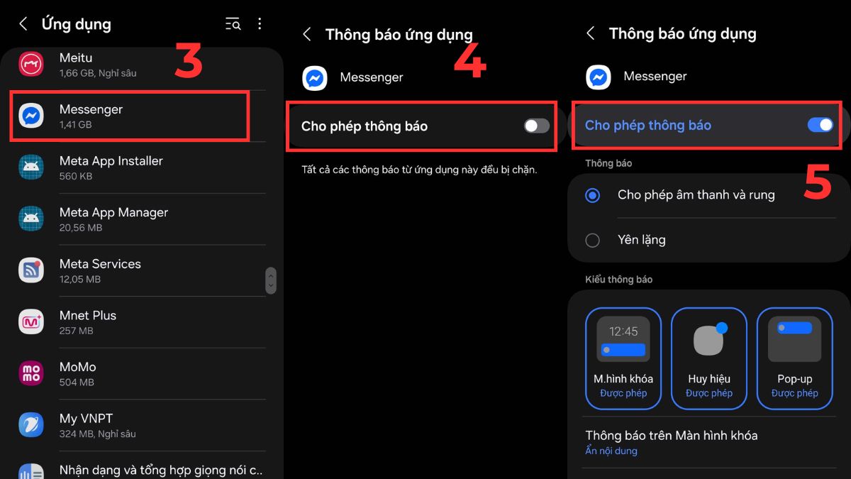 Sửa lỗi cuộc gọi Messenger không hiển thị trên màn hình - Kiểm tra cài đặt thông báo bước 3, 4, 5