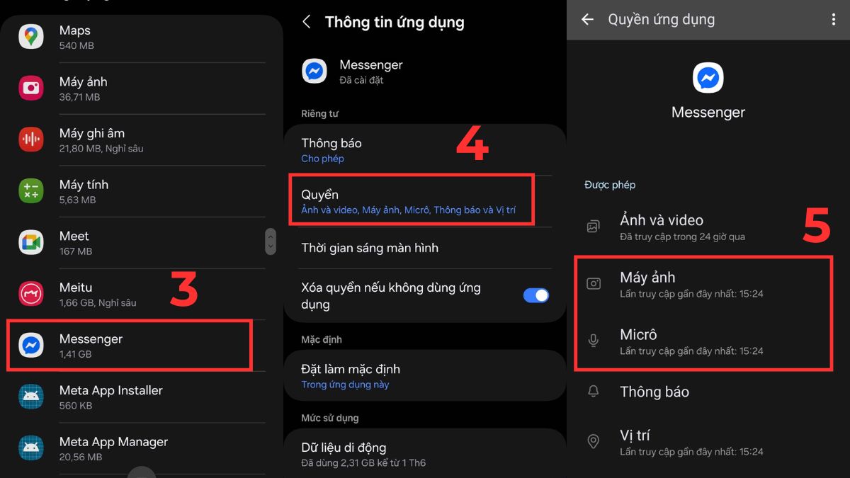 Sửa lỗi cuộc gọi Messenger không hiển thị trên màn hình - Cấp quyền truy cập micro và camera bước 3, 4, 5