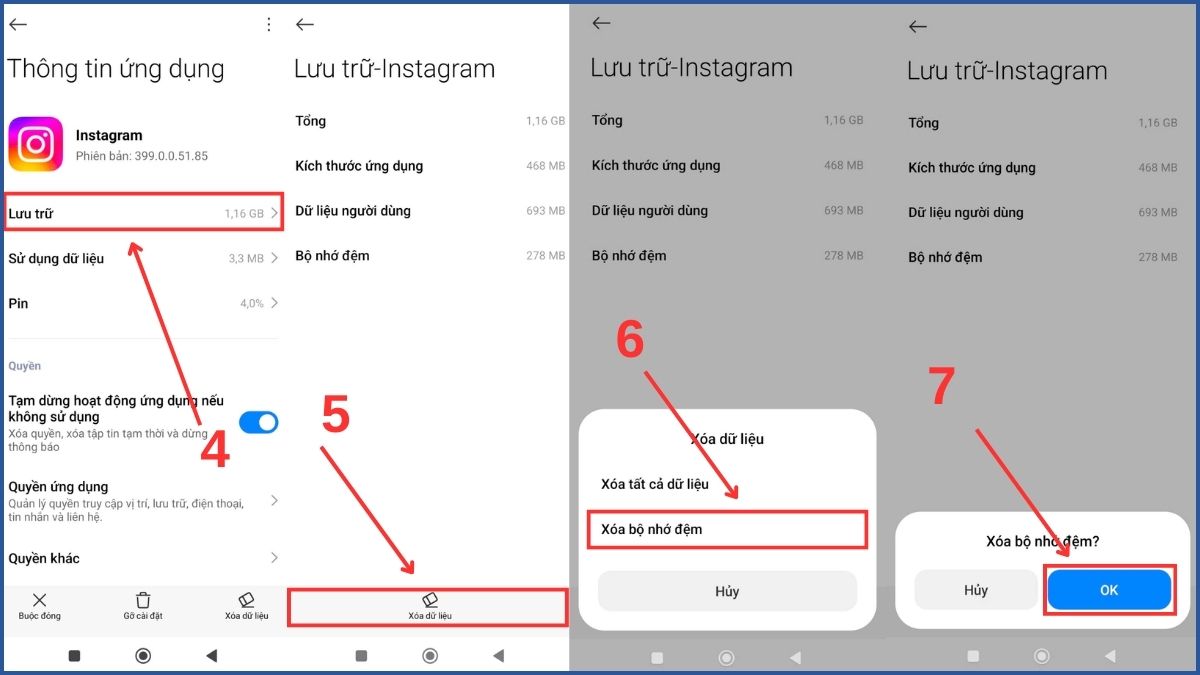 Cách đăng story instagram không bị mờ - Xóa bộ nhớ đệm bước 4, 5, 6, 7