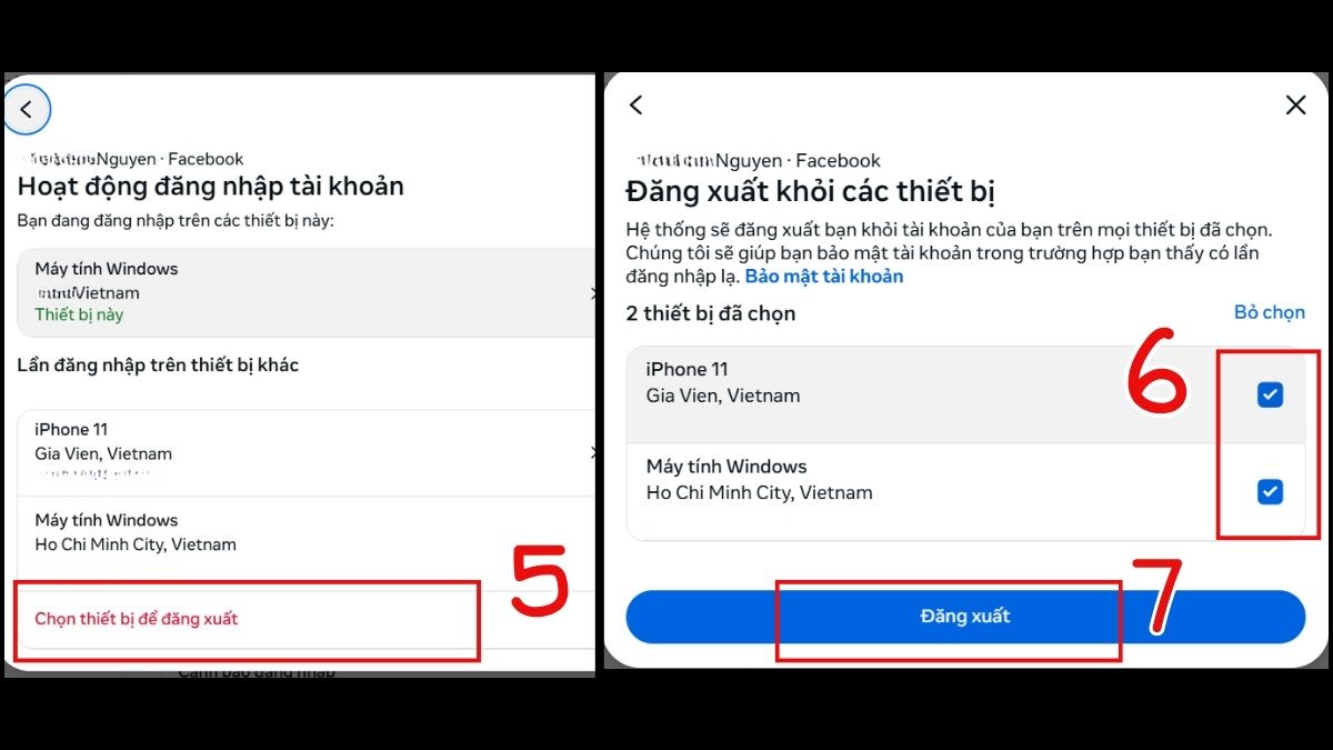 Đăng xuất Facebook cùng lức nhiều tài khoản bước 5, 6, 7