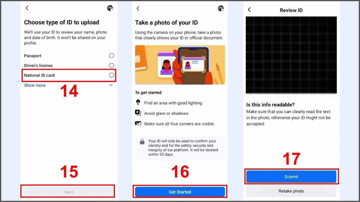 Cách khắc phục khi tài khoản Facebook bị chặn bước 14, 15, 16, 17