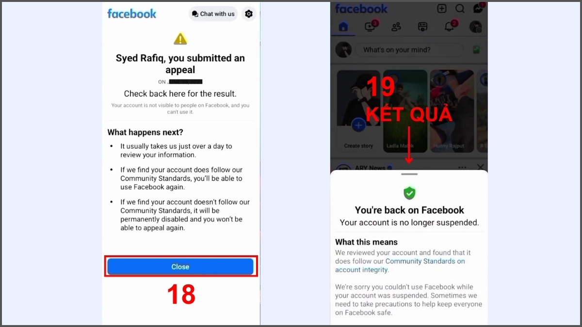 Cách khắc phục khi tài khoản Facebook bị chặn bước 18, 19