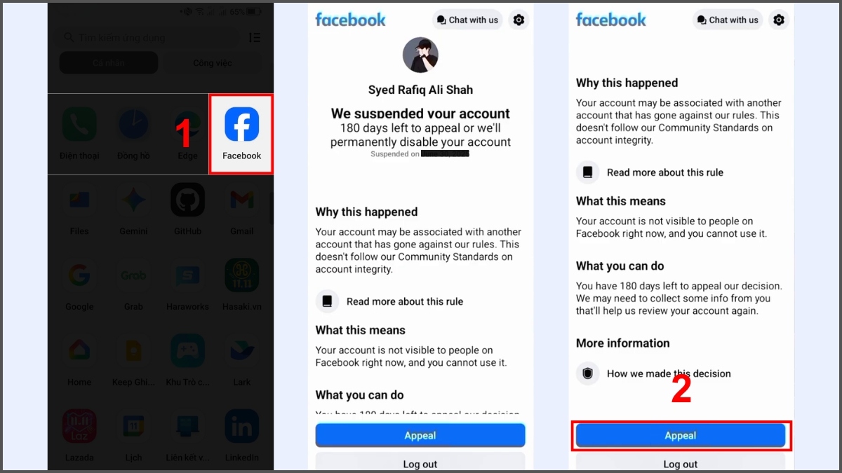 Cách khắc phục khi tài khoản Facebook bị chặn bước 1, 2