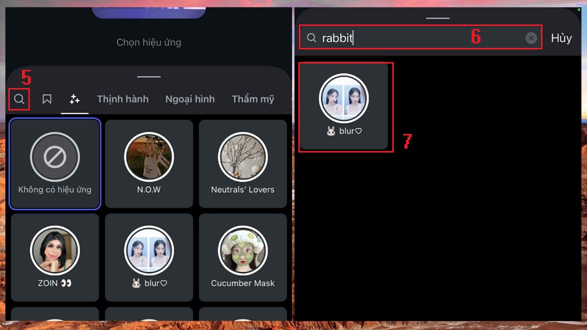 Tìm kiếm filter con thỏ trên Instagram bước 5, 6, 7