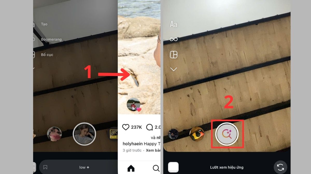 Cách tìm kiếm filter khóc trên Instagram bước 1, 2