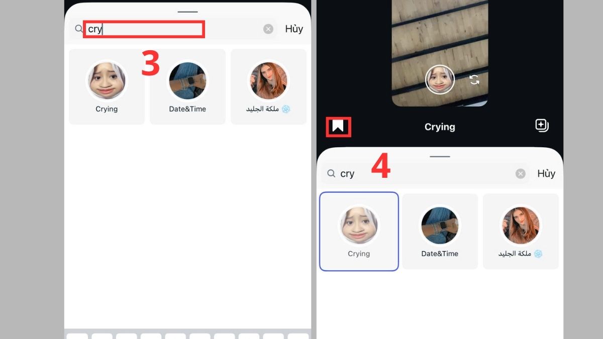 Cách tìm kiếm filter khóc trên Instagram bước 3, 4