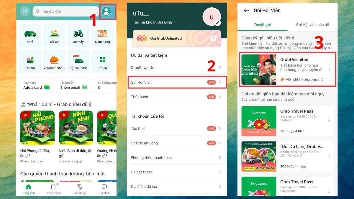 Đăng ký hội viên Grab Unlimited trong app Grab bước 1, 2, 3