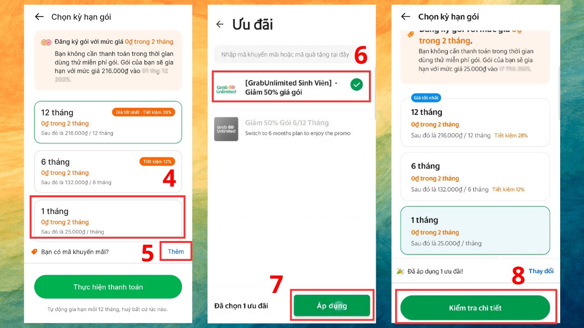 Đăng ký hội viên Grab Unlimited trong app Grab bước 4, 5, 6, 7, 8