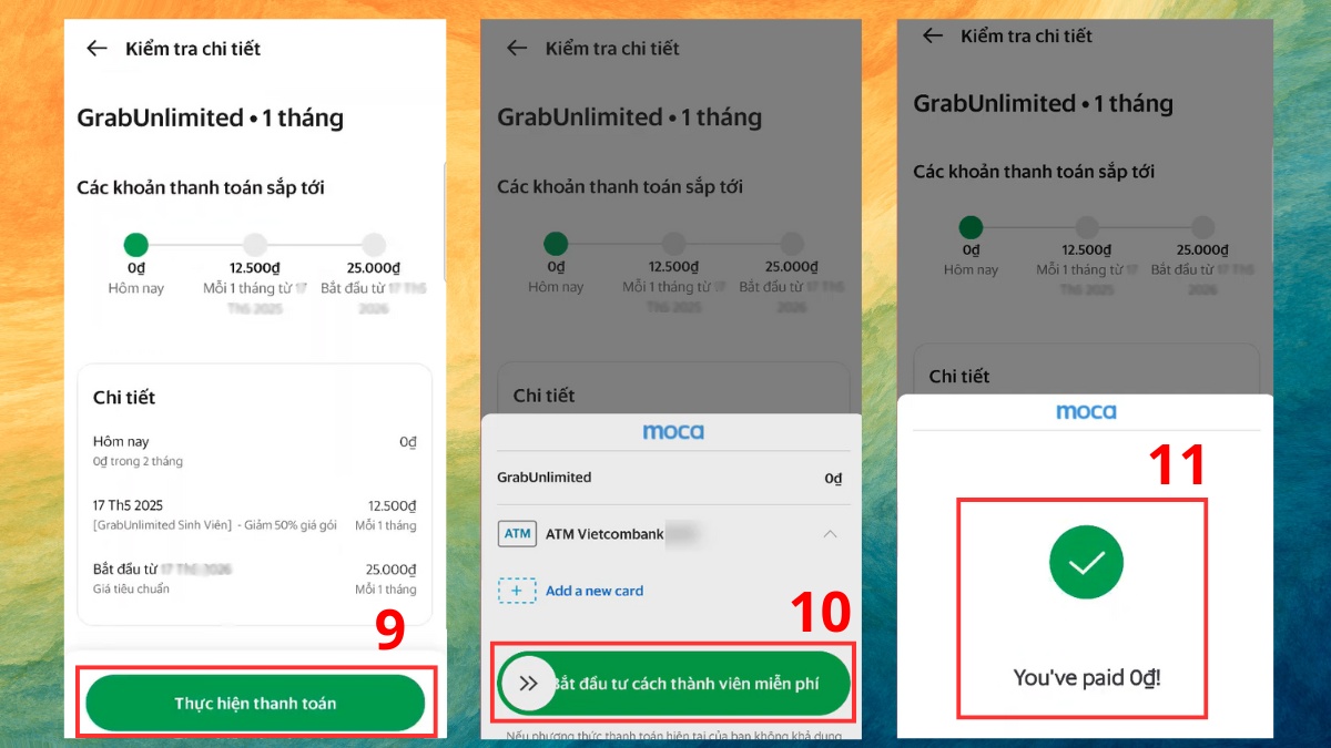 Đăng ký hội viên Grab Unlimited trong app Grab bước 9, 10, 11