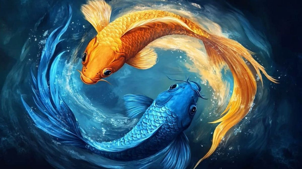 Hình nền cung Song Ngư đôi cá xanh vàng