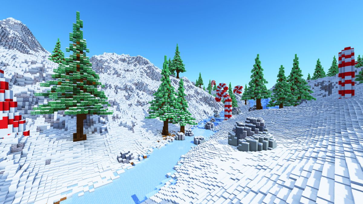 Hình nền Minecraft rừng tuyết với những cây thông