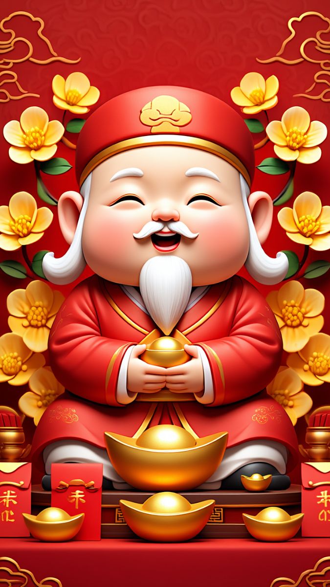 Hình nền Ông Thần Tài nền hoa mai