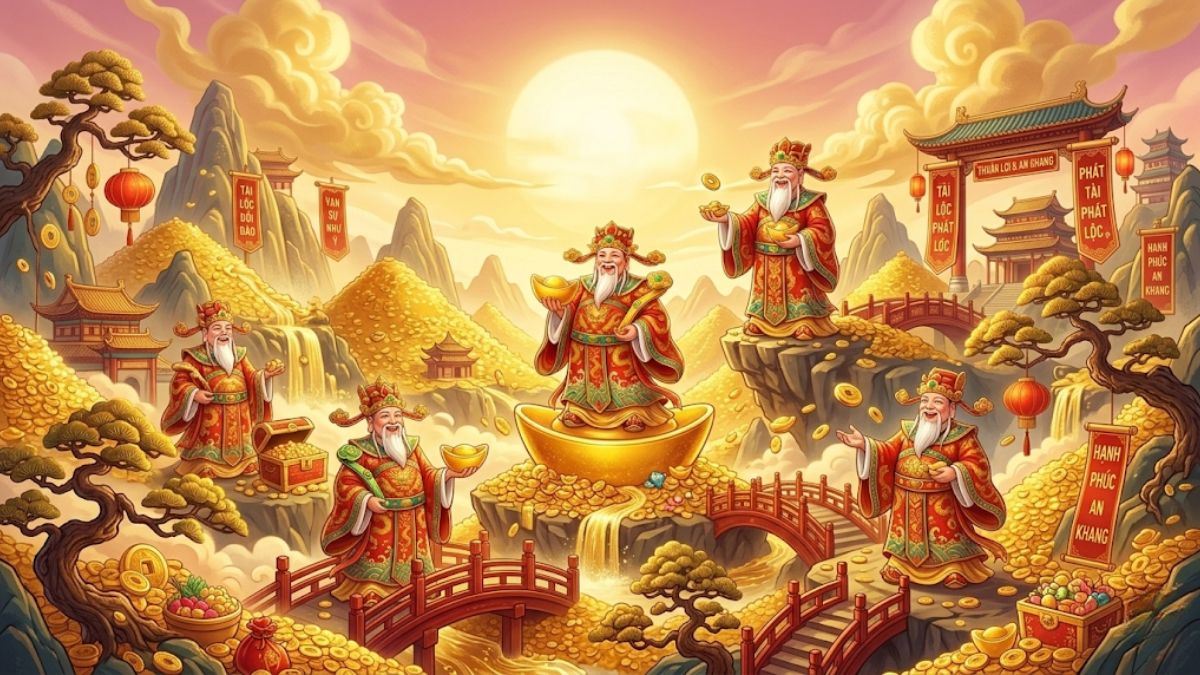 Hình nền ông thần tài đẹp với nhiều núi vàng