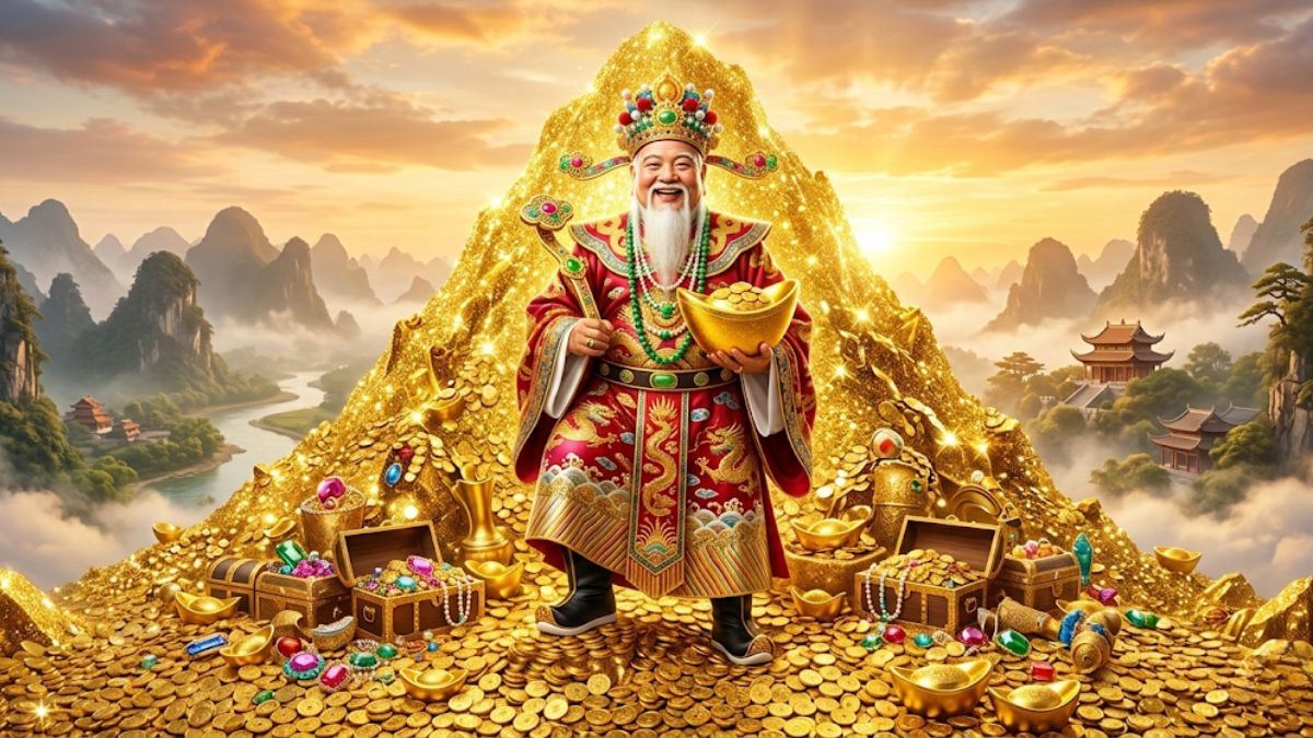 Hình nền ông thần tài với đống vàng, đá quý