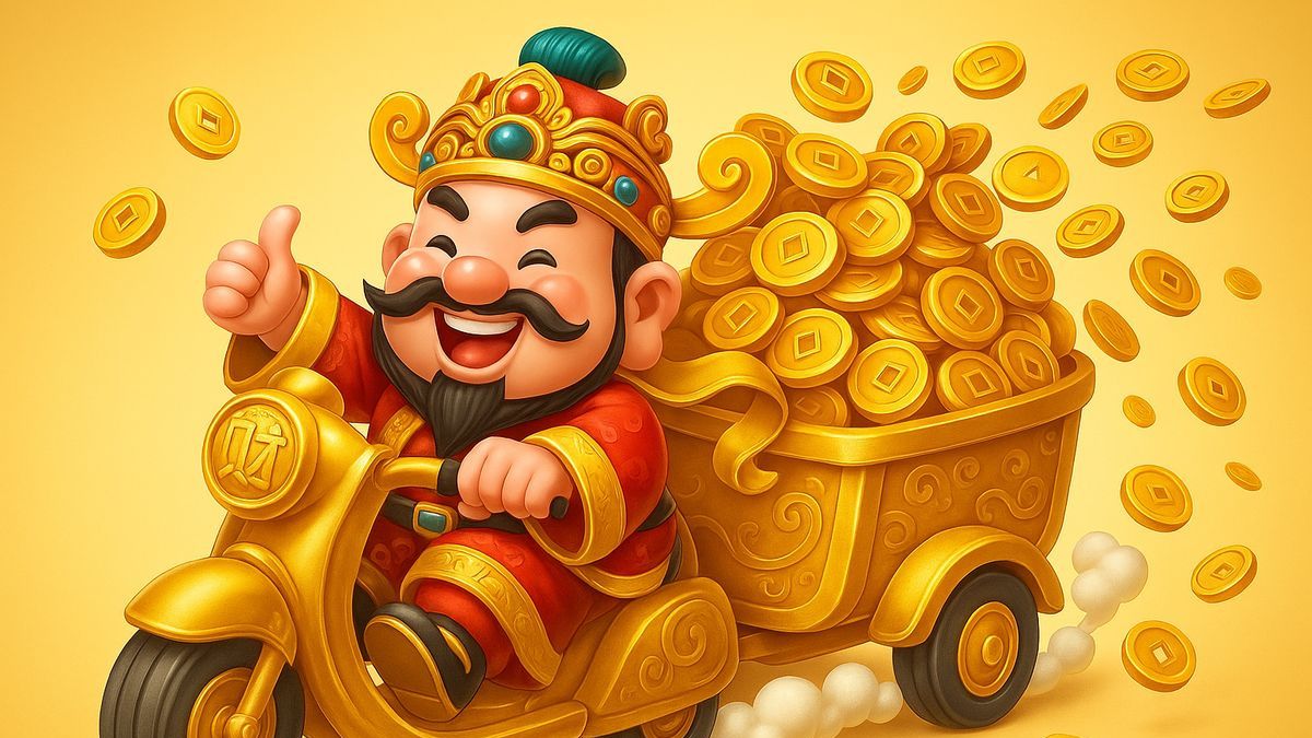 Hình nền Ông Thần Tài chở núi tiền trên xe