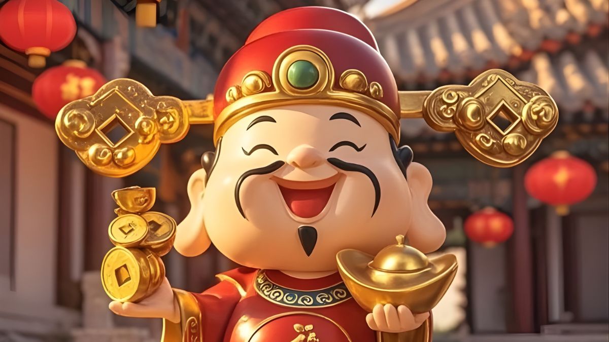 Hình nền Ông Thần Tài may mắn cầm thỏi vàng