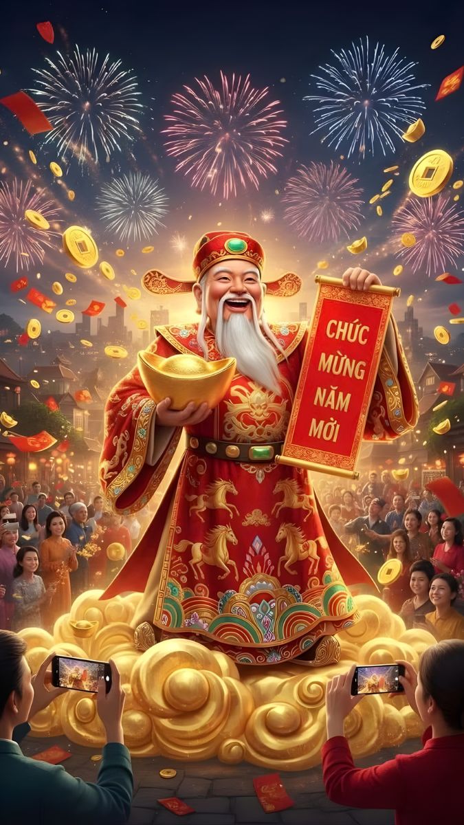 Hình nền Ông Thần Tài cầm câu đối