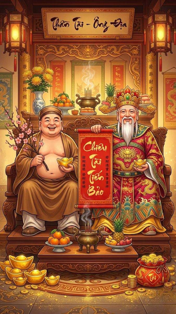 Hình nền Ông Địa Thần Tài cầm bảng chữ thư pháp may mắn