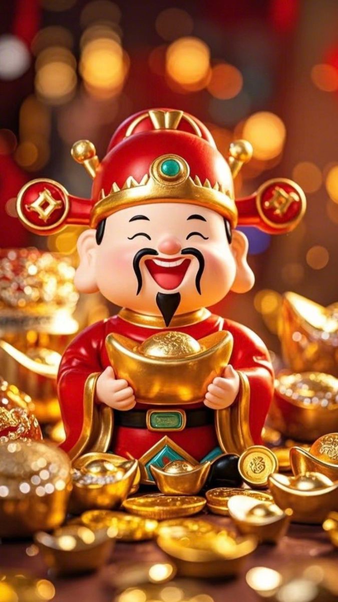 Hình nền Ông Thần Tài chibi cùng đống vàng