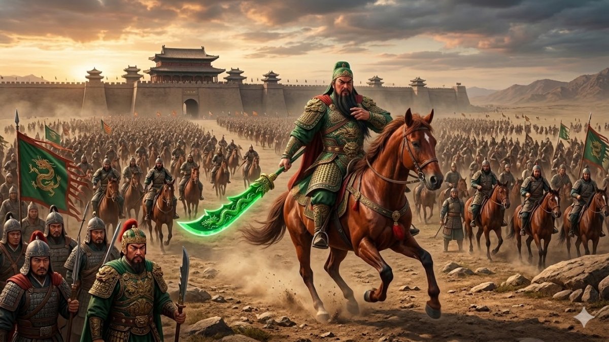 Ảnh nền Quan Công vuốt râu, vung đao giữa chiến trường