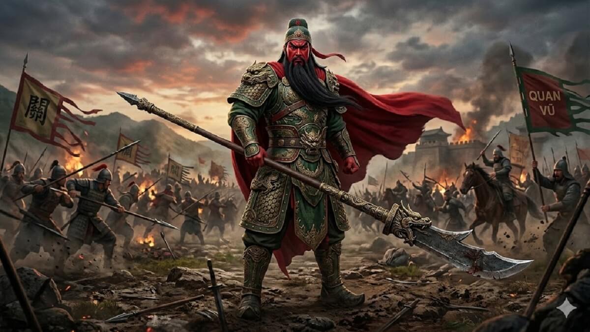 Hình nền Quan Công xách đao hiên ngang nơi chiến trường