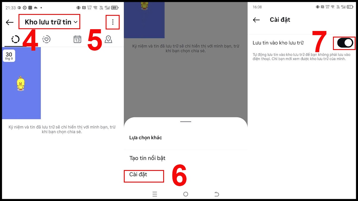 Cách vào kho lưu trữ tin trên Instagram Bước 4, 5, 6, 7