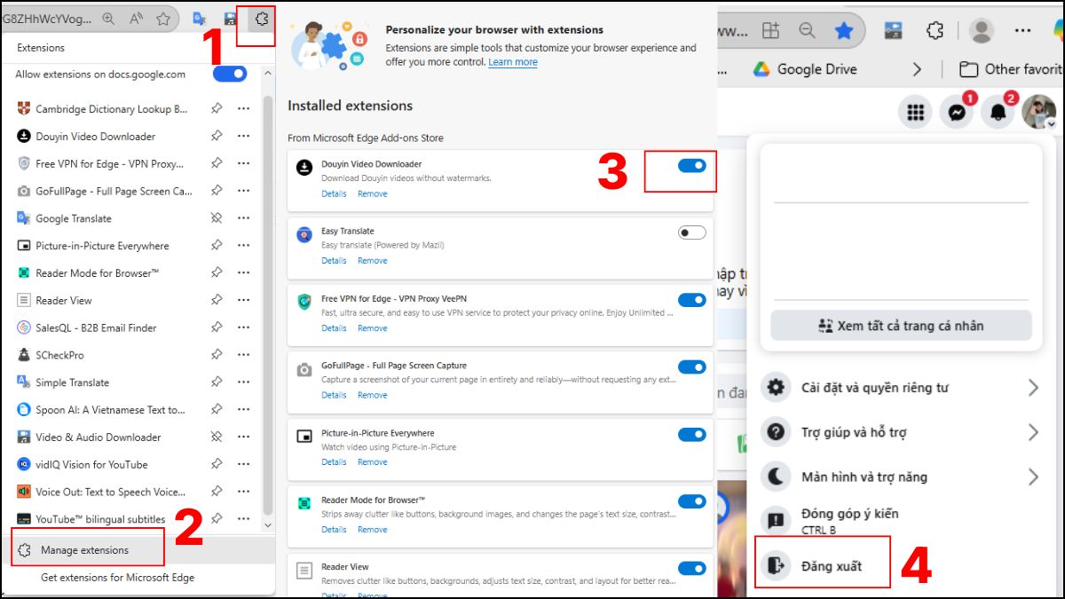 Khắc phục lỗi không đăng xuất được tài khoản Facebook - Tắt các tiện ích mở rộng