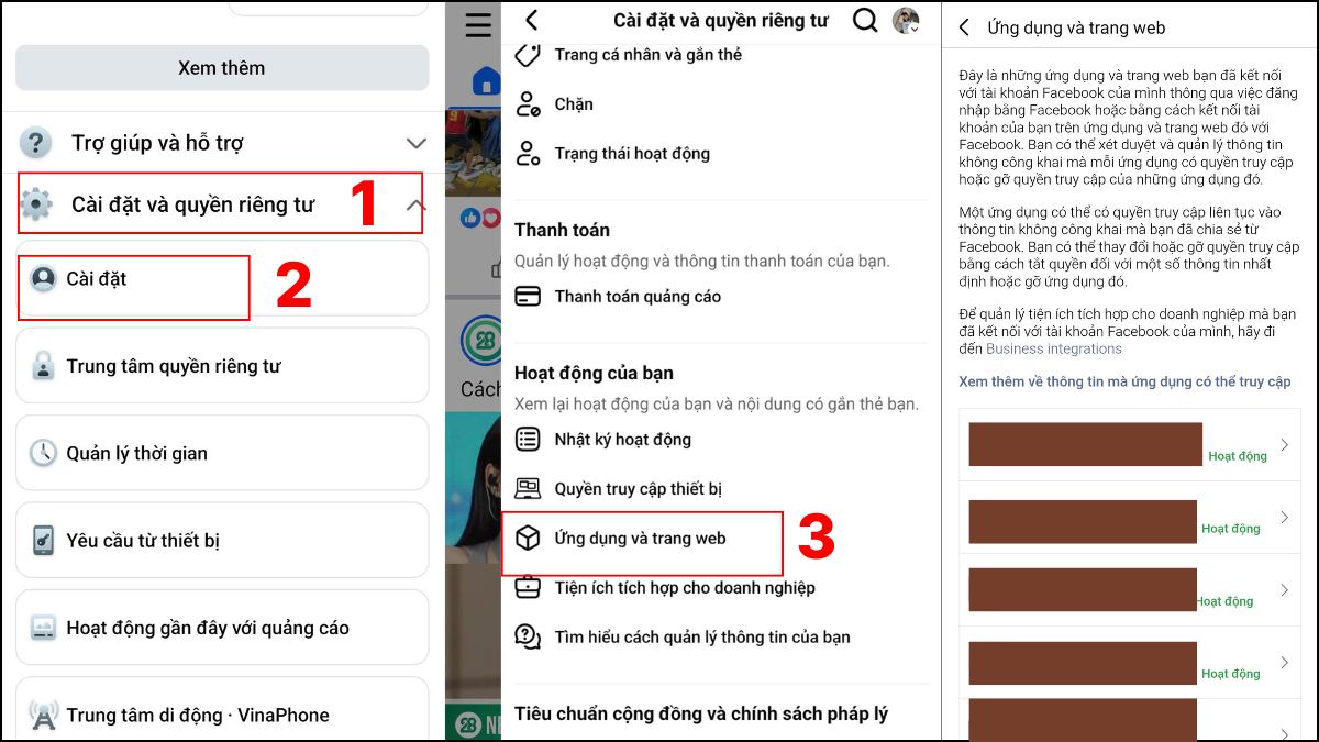 Khắc phục lỗi không đăng xuất được tài khoản Facebook - Dừng ứng dụng thứ 3 liên kết với Facebook bước 1, 2, 3