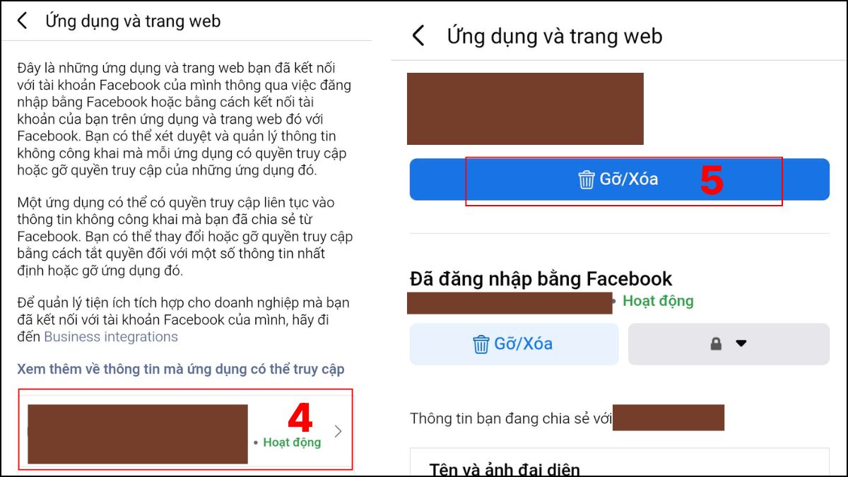 Khắc phục lỗi không đăng xuất được tài khoản Facebook - Dừng ứng dụng thứ 3 liên kết với Facebook bước 4, 5