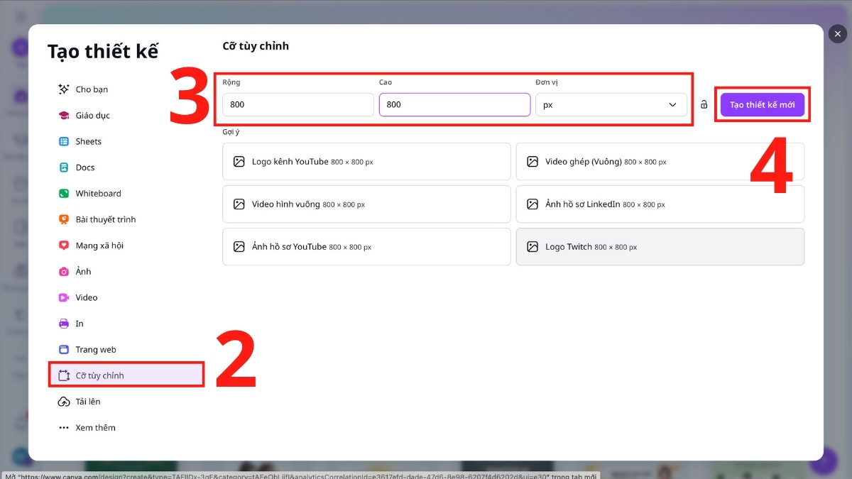 Chỉnh kích thước avatar Facebook bằng Canva bước 2, 3, 4