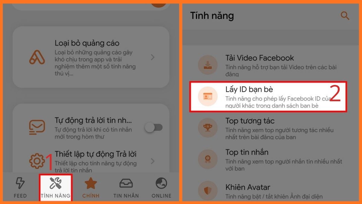 Lấy ID Facebook - App Monokai Toolkit bước 1, 2