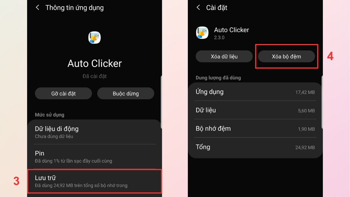 Sửa lỗi Auto Click trên điện thoại bằng cách Xóa bộ nhớ cache bước 3, 4