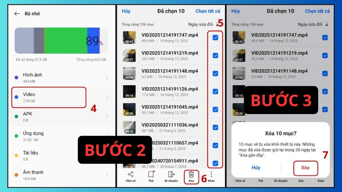 Khắc phục lỗi camera trước OPPO - Giải phóng bộ nhớ bước 2, 3