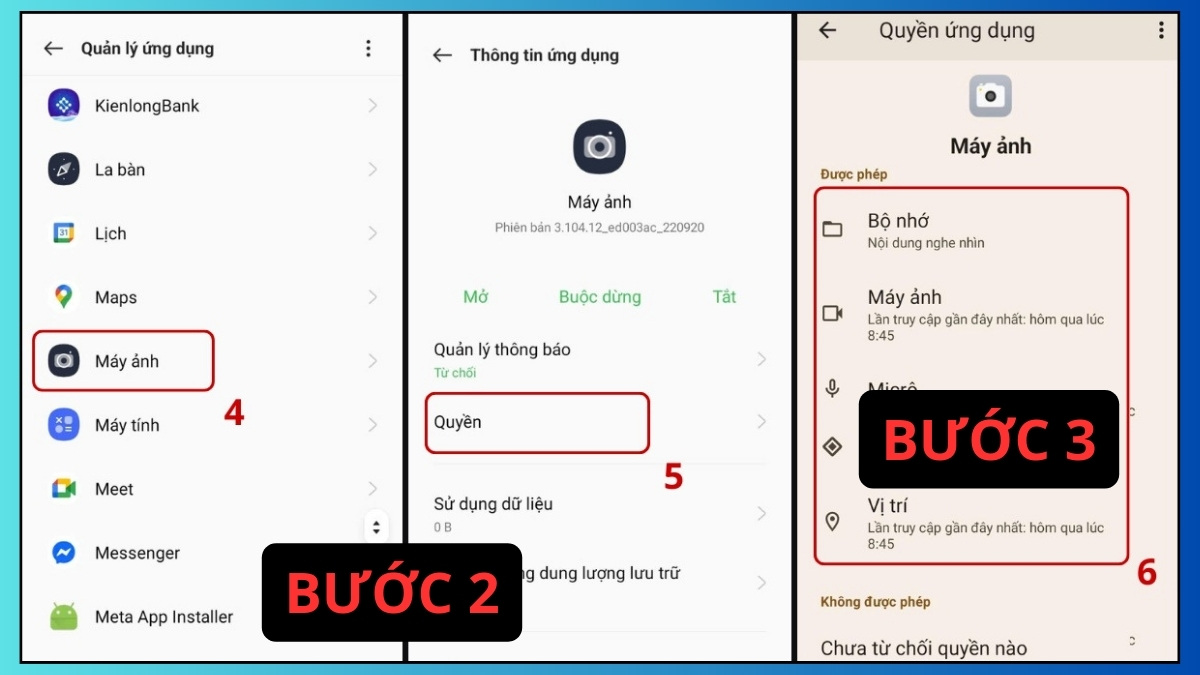 Khắc phục lỗi camera trước OPPO - Kiểm tra cài đặt quyền ứng dụng bước 2, 3
