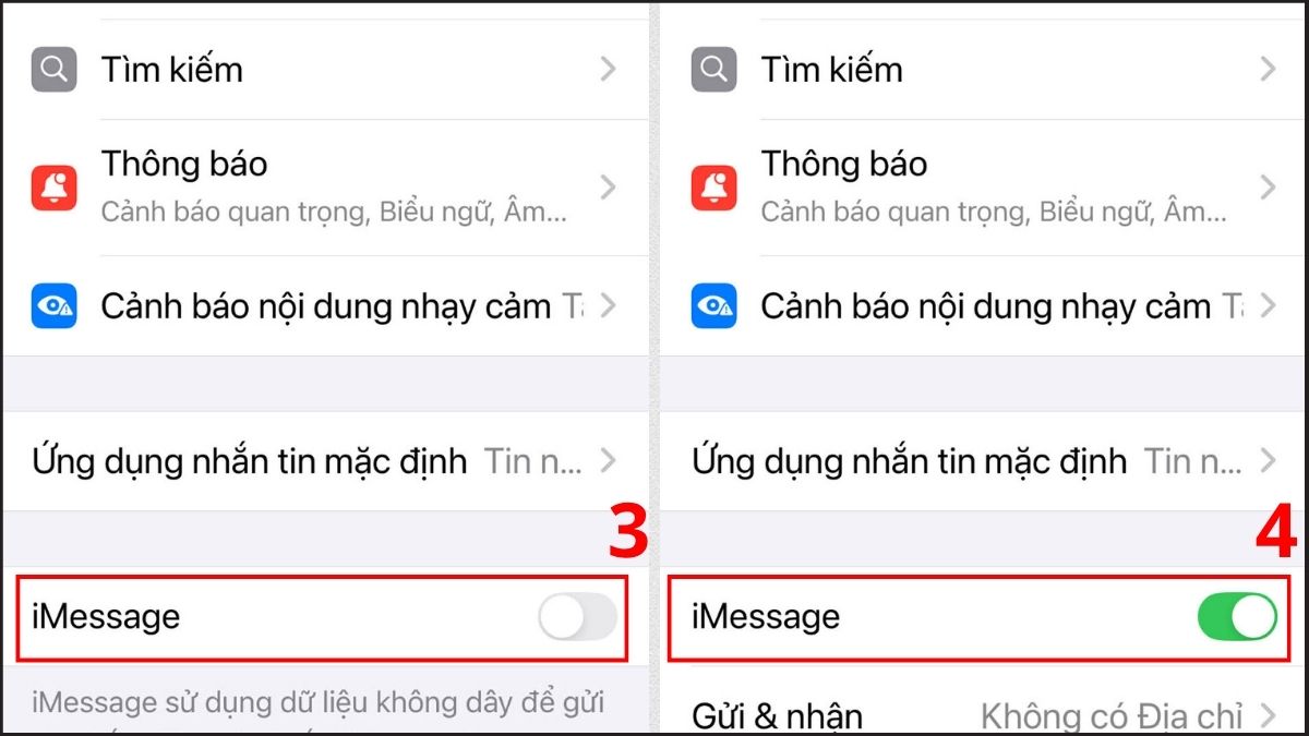 Cách sửa lỗi iMessage không nhận số điện thoại - Bật lại iMessage bước 3, 4