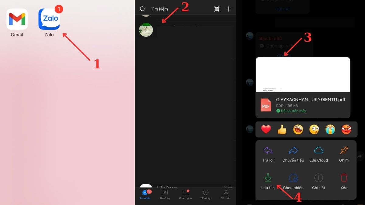 Lưu file trên Zalo về iPhone định dạng PDF, PPT,... bước 1, 2, 3, 4