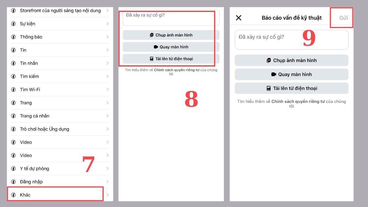 Khắc phục lỗi màn hình Facebook bị đen - Liên hệ với bộ phận hỗ trợ bước 7, 8, 9