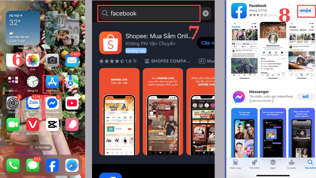 Khắc phục lỗi màn hình Facebook bị đen - Cài đặt lại ứng dụng Facebook bước 6, 7, 8