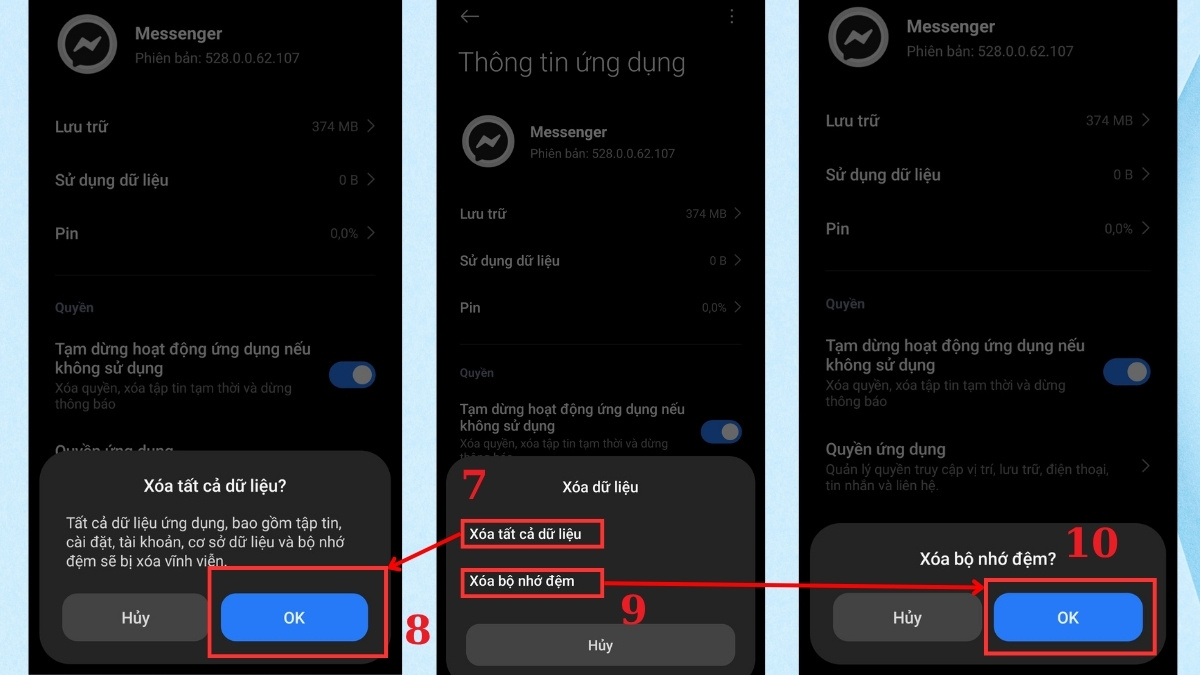 Khắc phục tình trạng Messenger bị lỗi không vào được - Xóa dữ liệu và cache của ứng dụng bước 7, 8, 9, 10