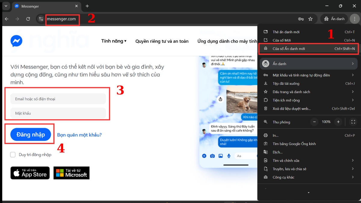Khắc phục tình trạng Messenger bị lỗi không vào được - Vào Messenger bằng chế độ ẩn danh