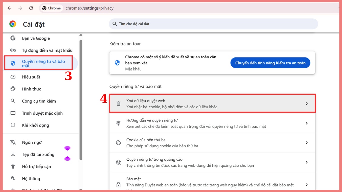 Khắc phục tình trạng Messenger bị lỗi không vào được - Xóa dữ liệu và cache của trình duyệt bước 3, 4