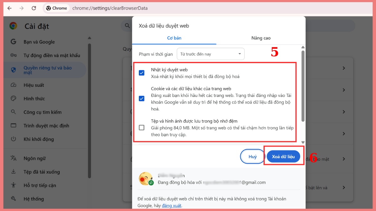 Khắc phục tình trạng Messenger bị lỗi không vào được - Xóa dữ liệu và cache của trình duyệt bước 5, 6