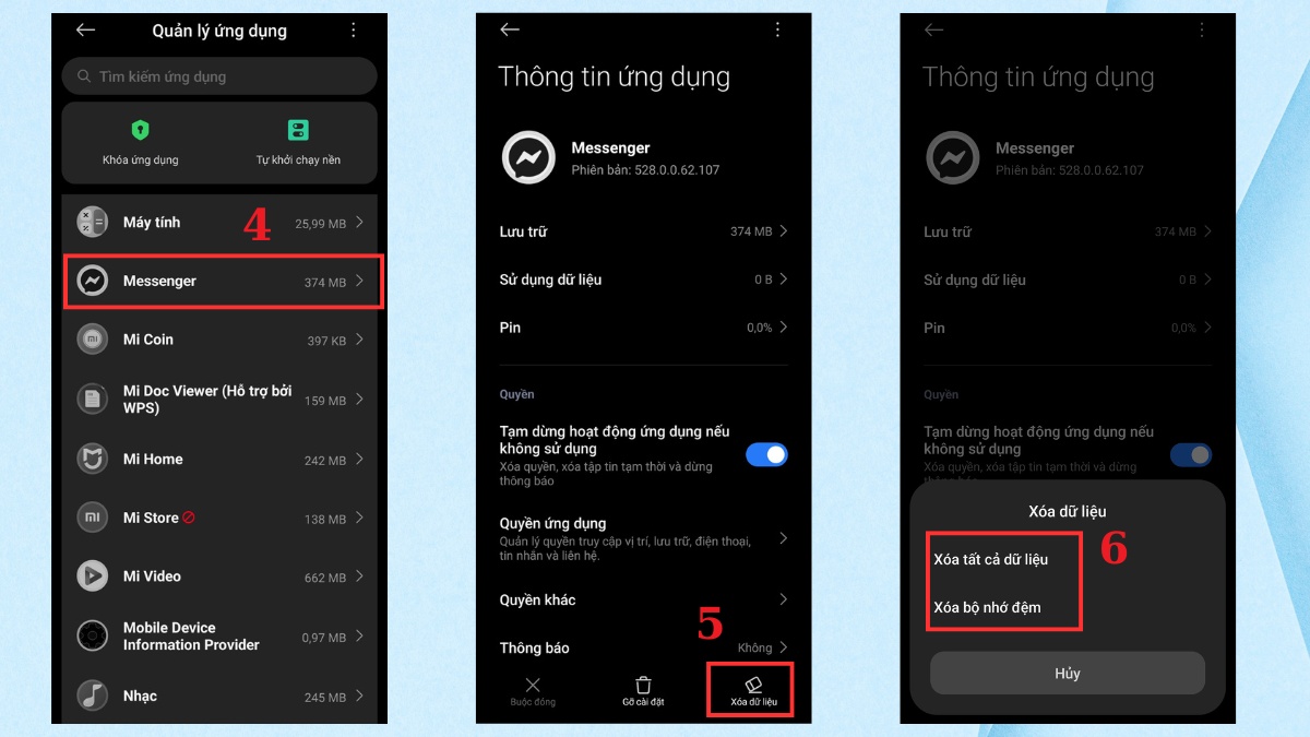 Khắc phục tình trạng Messenger bị lỗi không vào được - Xóa dữ liệu và cache của ứng dụng bước 4, 5, 6